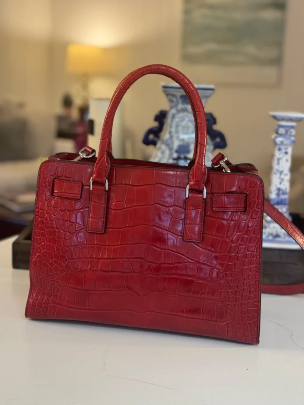 ❤️ MICHAEL KORS DILLON RED MEDIUM LEATHER CROCO EMBOSSED SATCHEL!